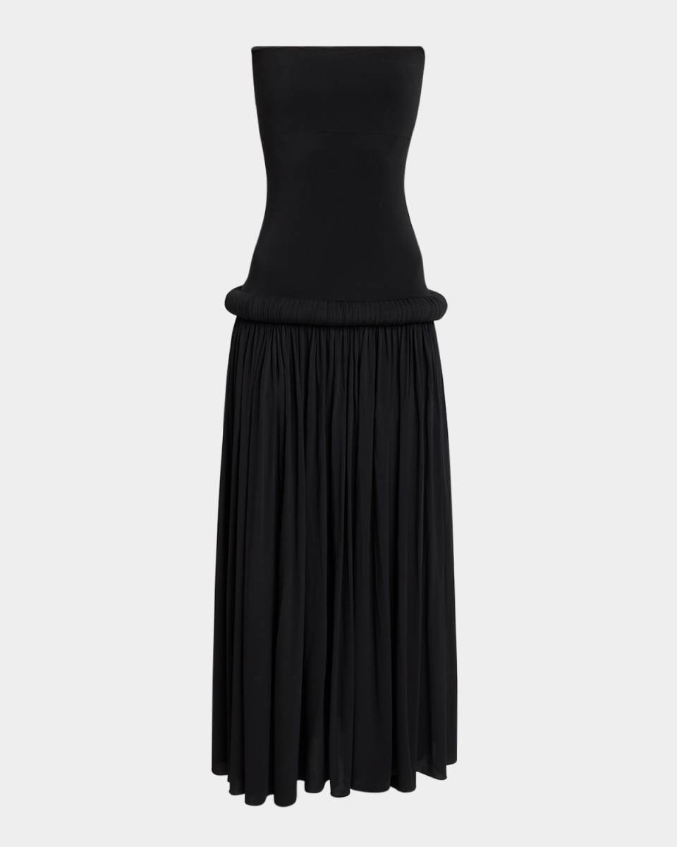Strapless Pleated Pipe Drop-Waist Maxi Dress